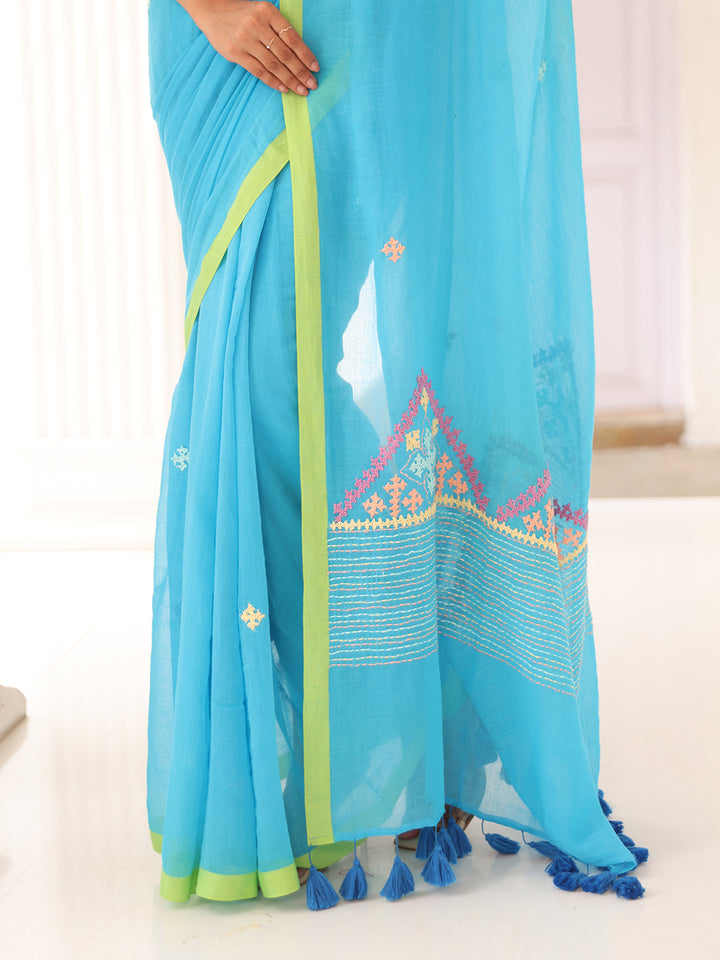 Handwoven Sky blue Mulmul Cotton Saree