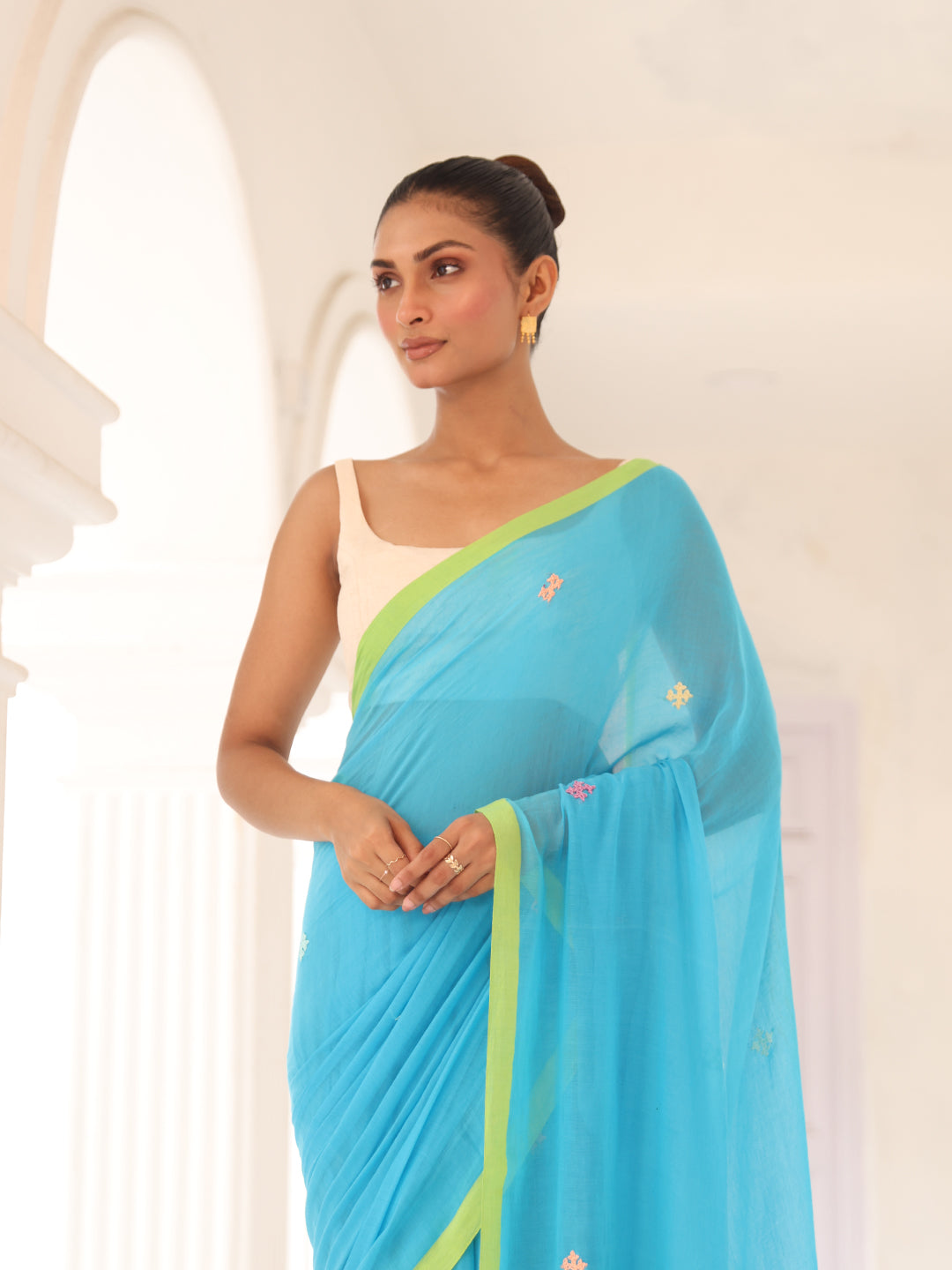Handwoven Sky blue Mulmul Cotton Saree