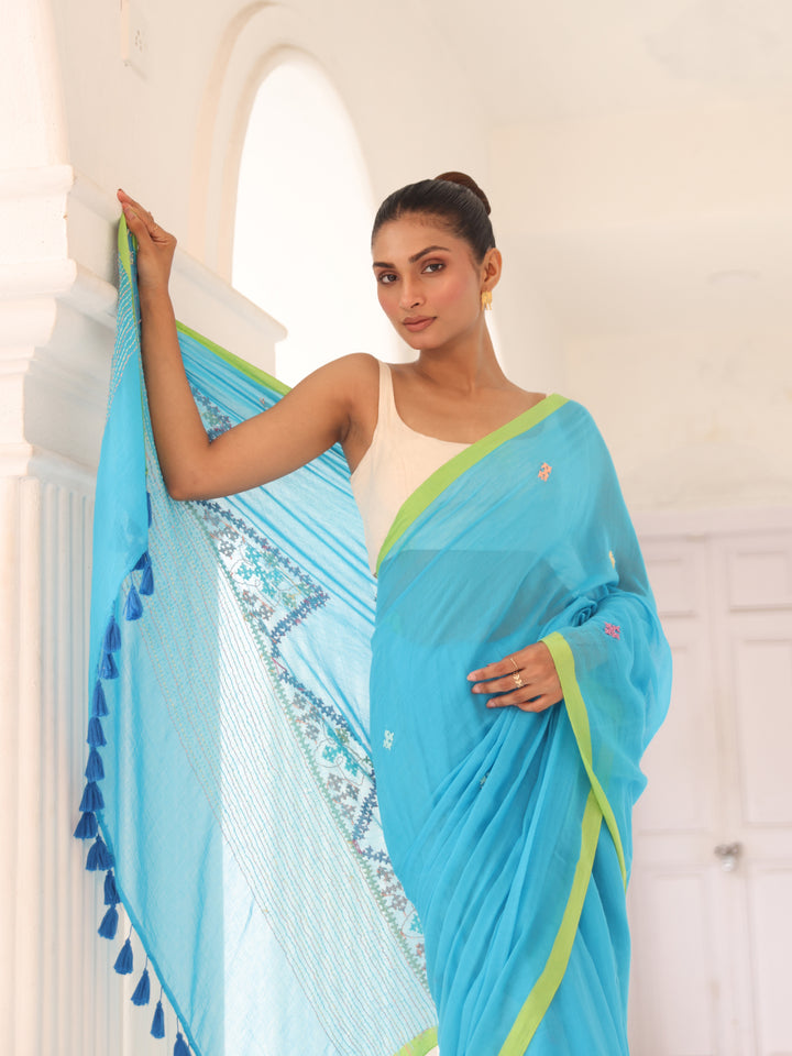 Handwoven Sky blue Mulmul Cotton Saree
