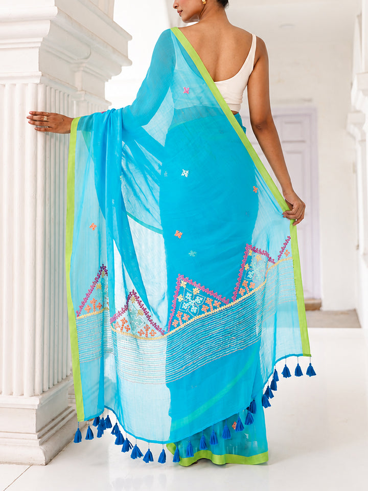 Handwoven Sky blue Mulmul Cotton Saree