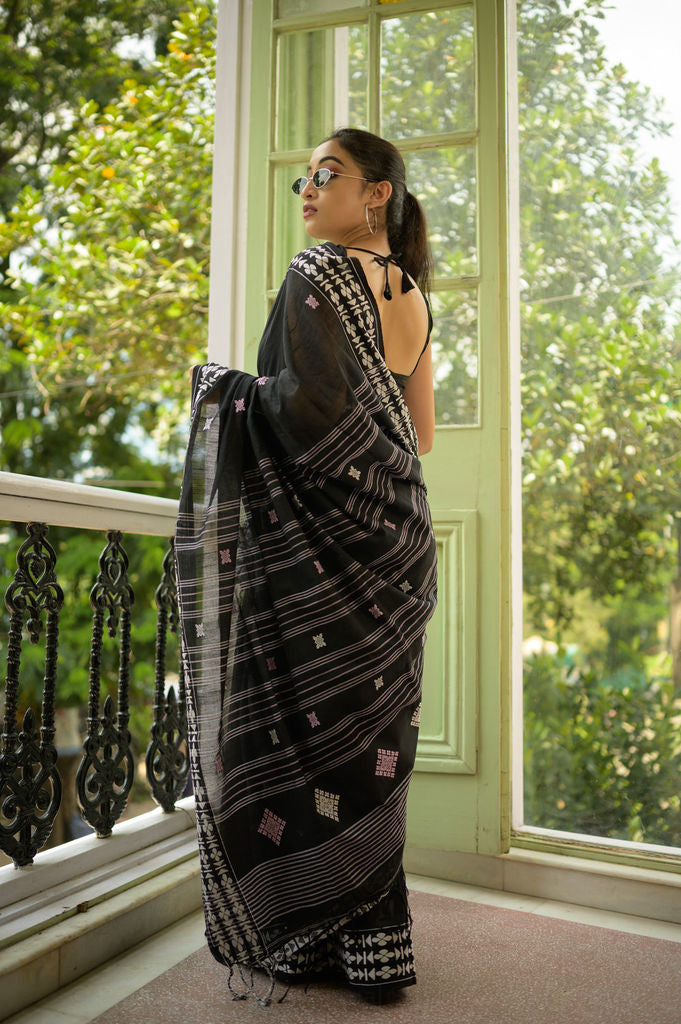 Ebony Black Handwoven Khadi Cotton Saree
