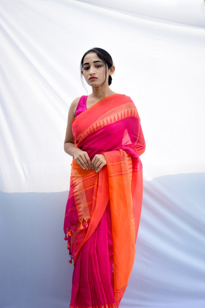 Pink Temple Border Cotton Saree