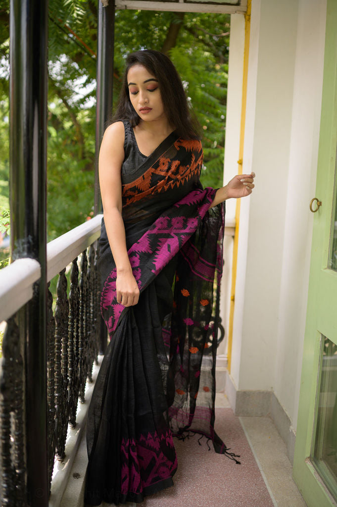 Black linen cotton saree with hand embroidered zardosi buta – Sujatra