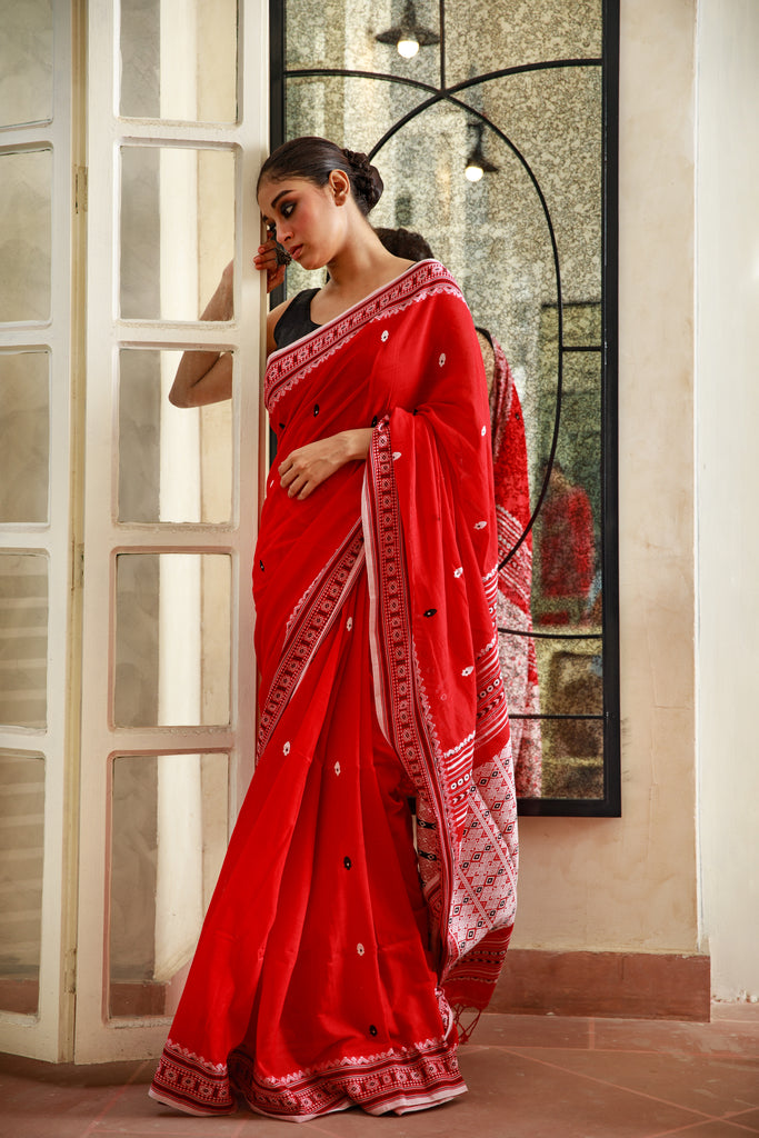 Buy Angoshobha Red All Body Buti with Buti In Silver Border Handwoven Saree  with Unstitched Blouse online