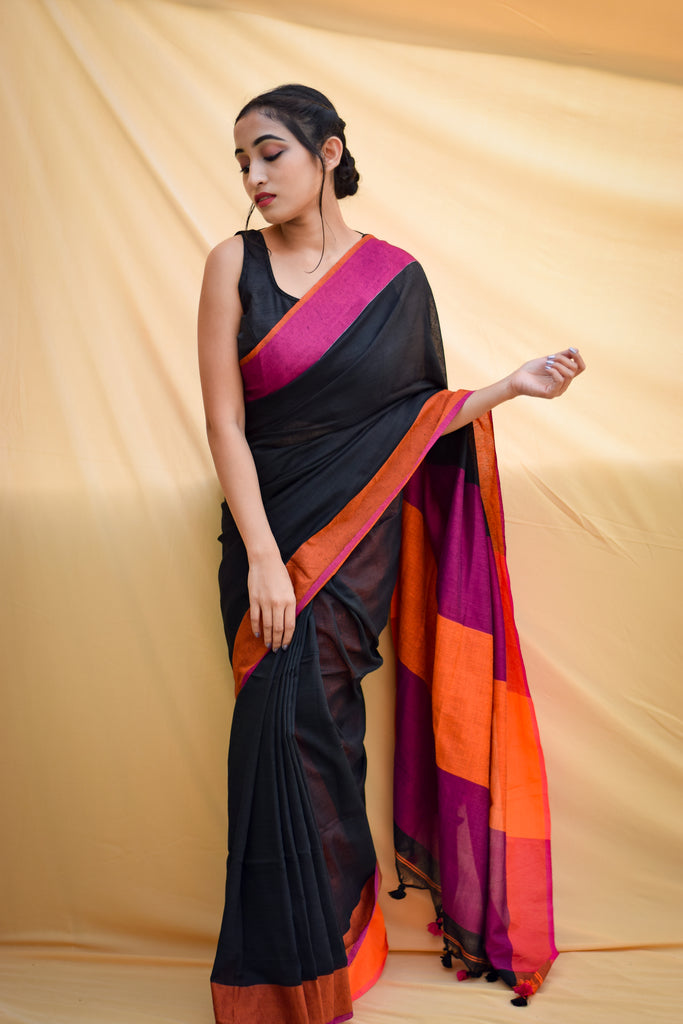 Black with Pink Pochampally Border Handloom Silk cotton saree - ShopperBoard