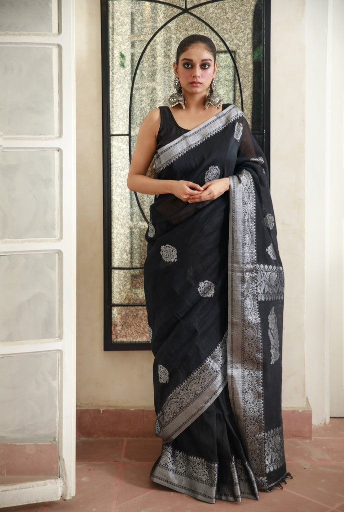 Pink And Black Linen By Linen Saree With Blouse Piece