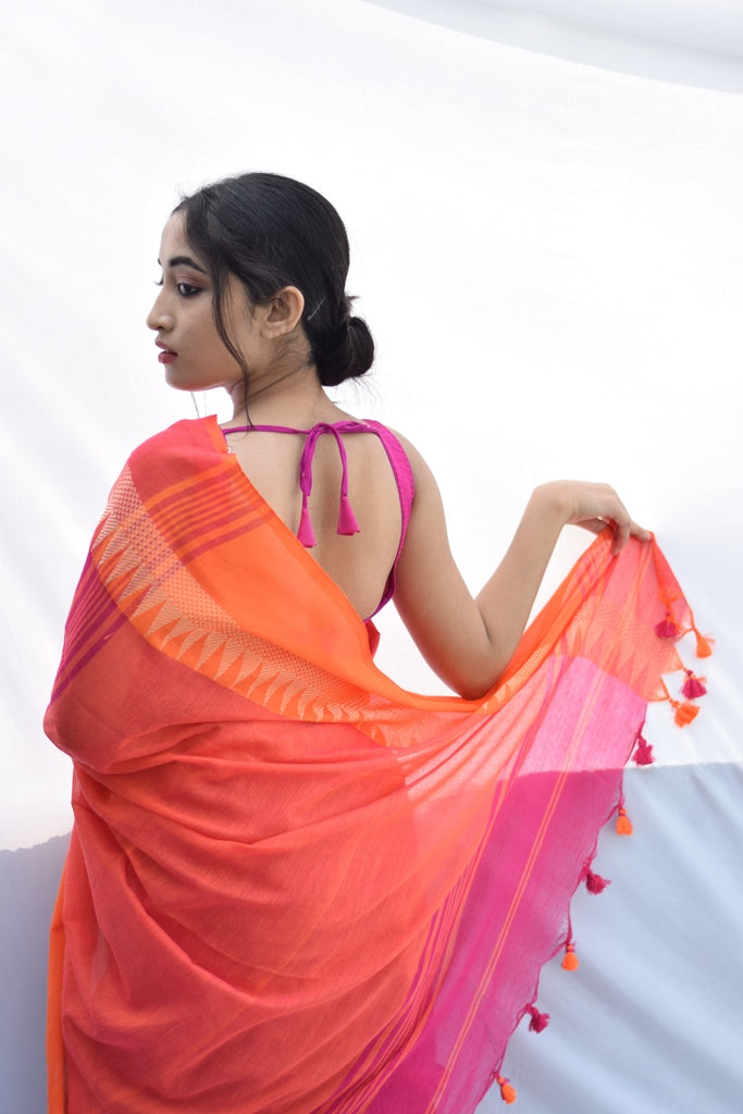 Pink Temple Border Cotton Saree
