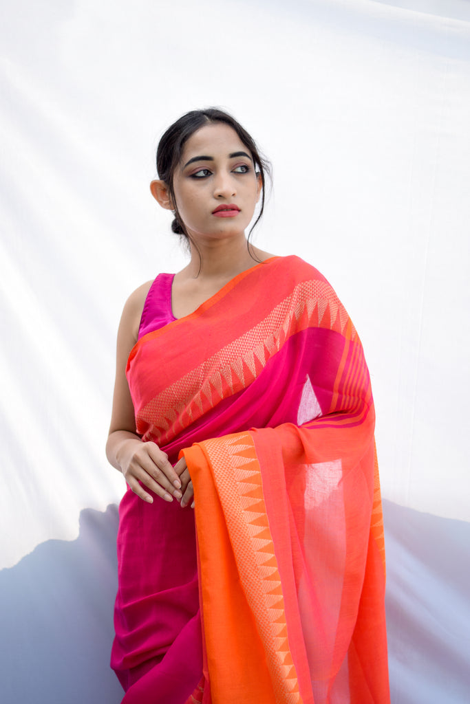 Pink Temple Border Cotton Saree