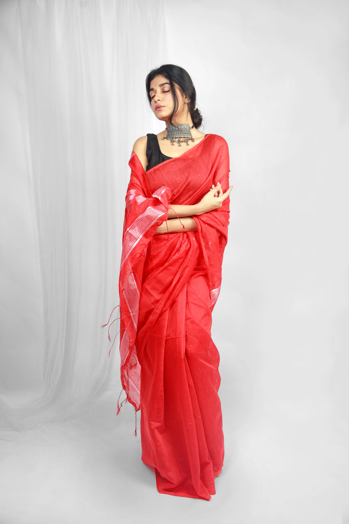 Red Sequins Cotton Silk Saree
