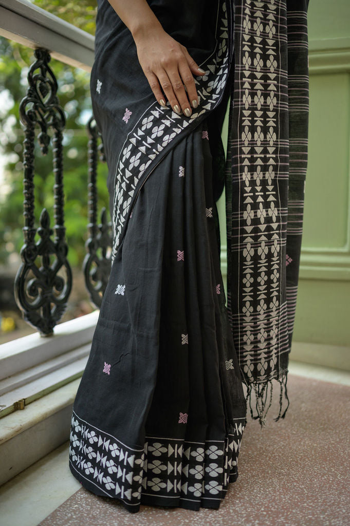 Ebony Black Handwoven Khadi Cotton Saree