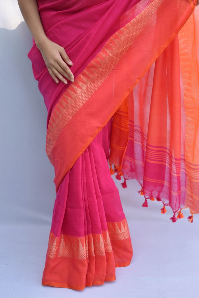Pink Temple Border Cotton Saree