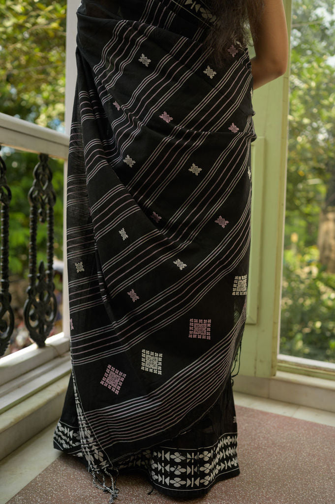 Ebony Black Handwoven Khadi Cotton Saree