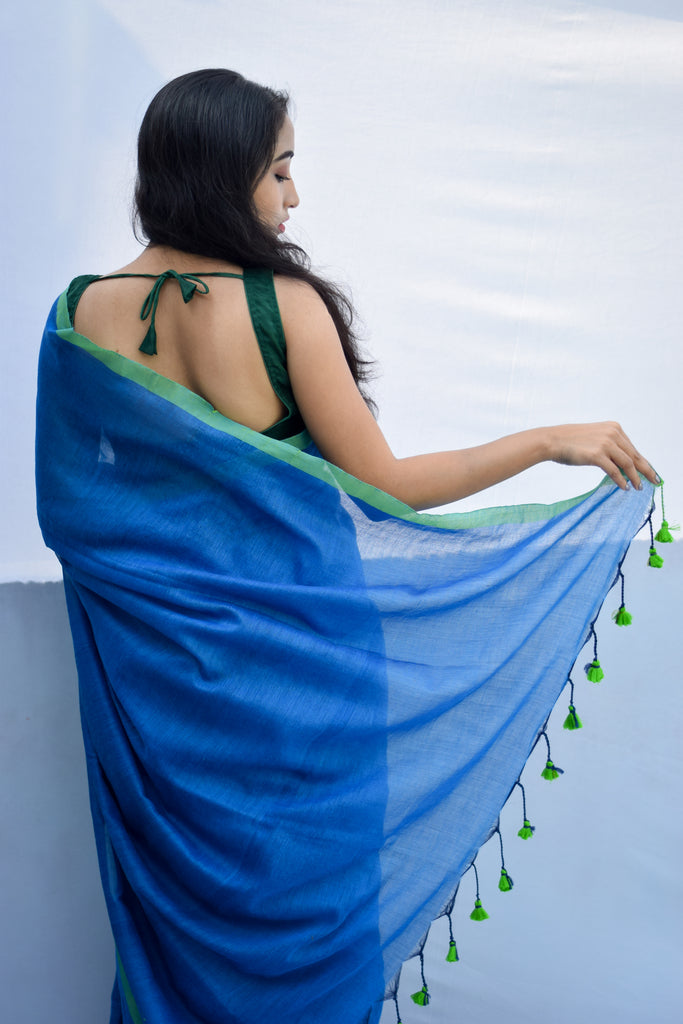 Blue Green Soft Cotton Saree