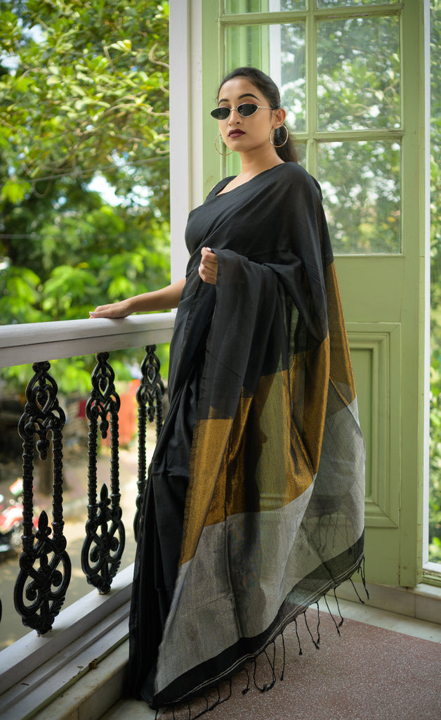 Black Cotton Sambalpuri Ikat Saree with matching blouse piece - Crafts  Collection