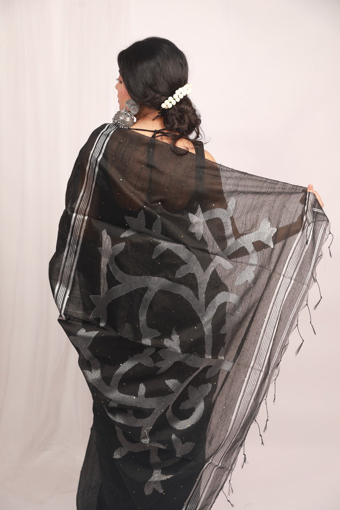 Black Sequins Cotton Silk Saree