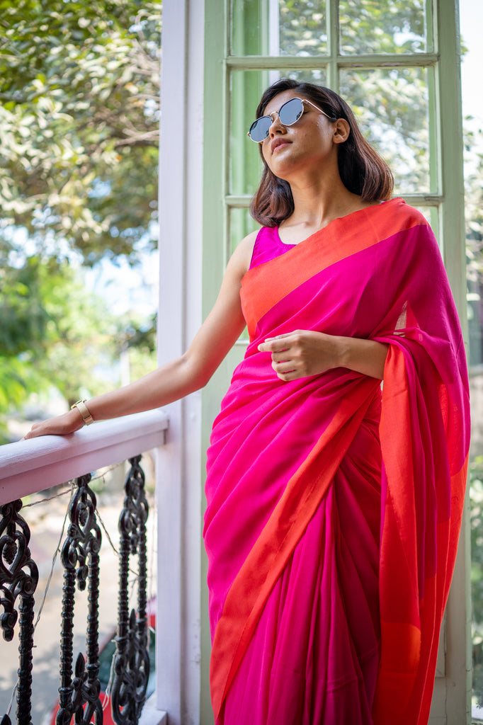 Orange- Pink Pure Katan Silk Banarasi Handloom Saree