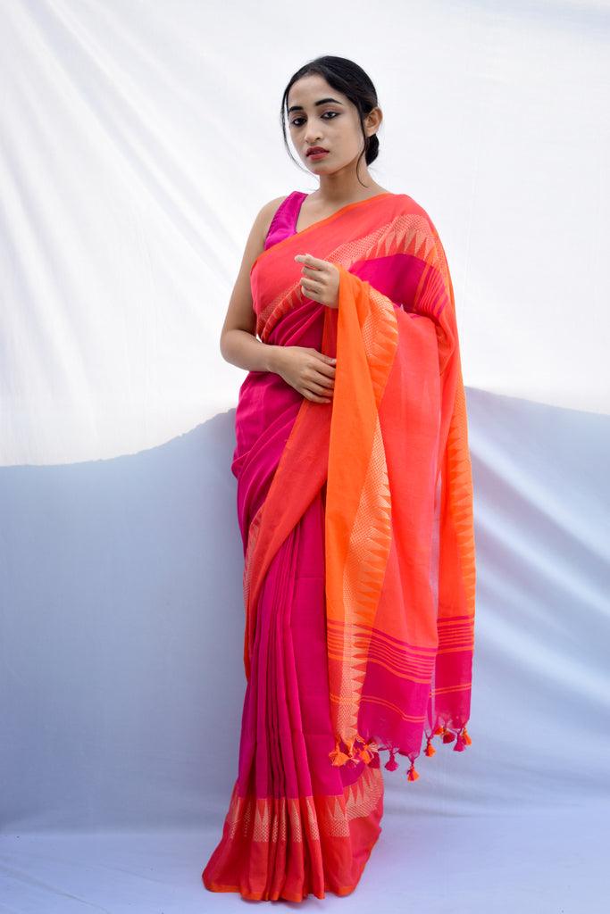 Pink Temple Border Cotton Saree
