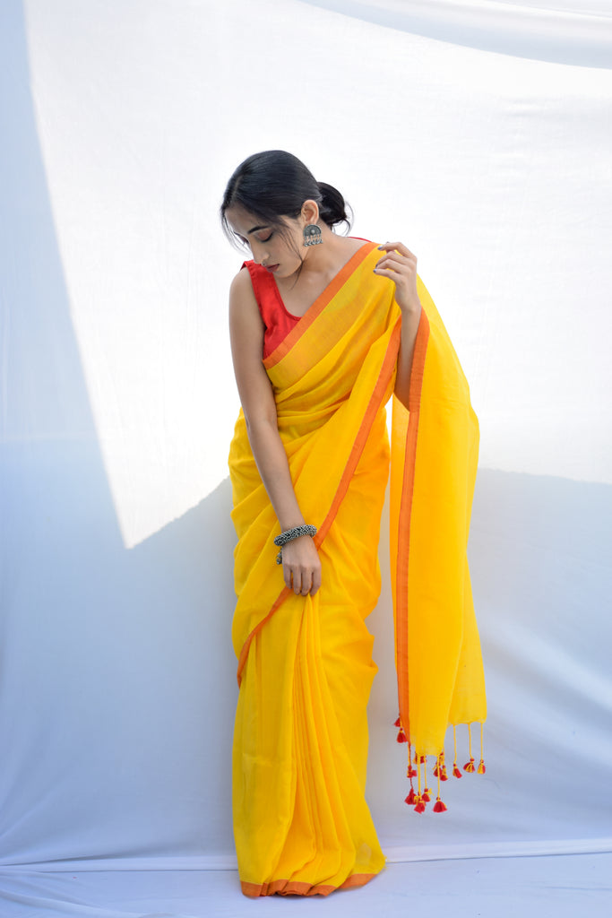 Plain yellow saree with contrast blouse design... - YouTube
