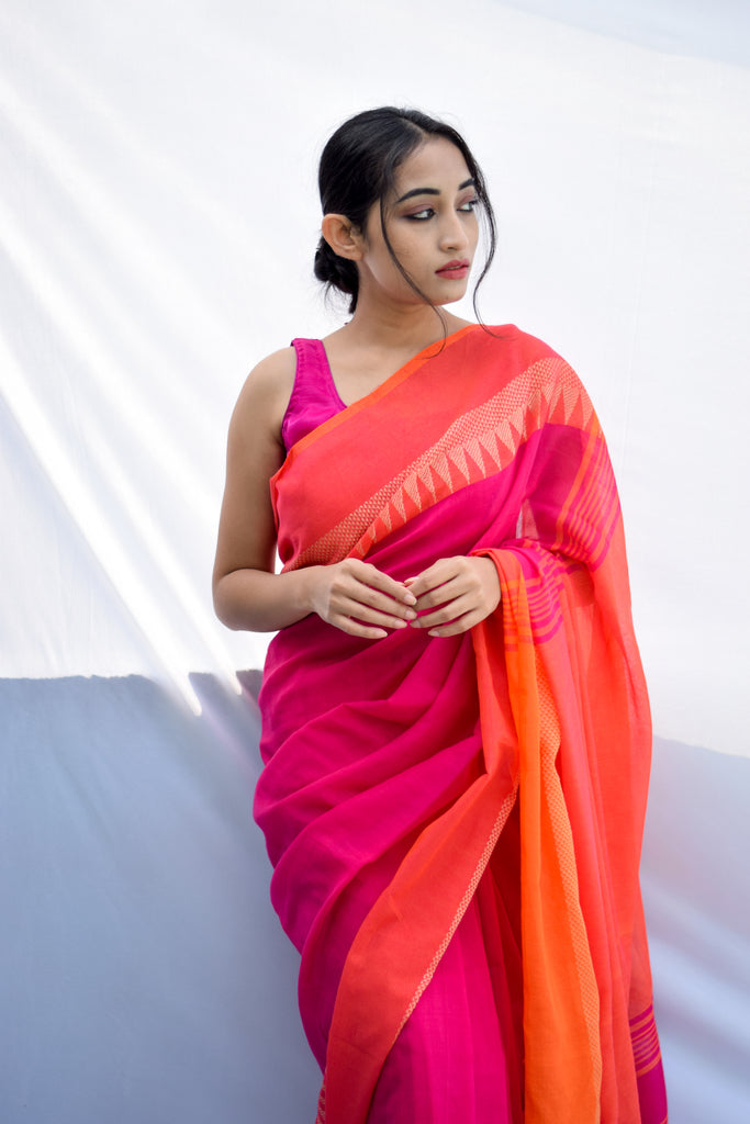 Pink Temple Border Cotton Saree