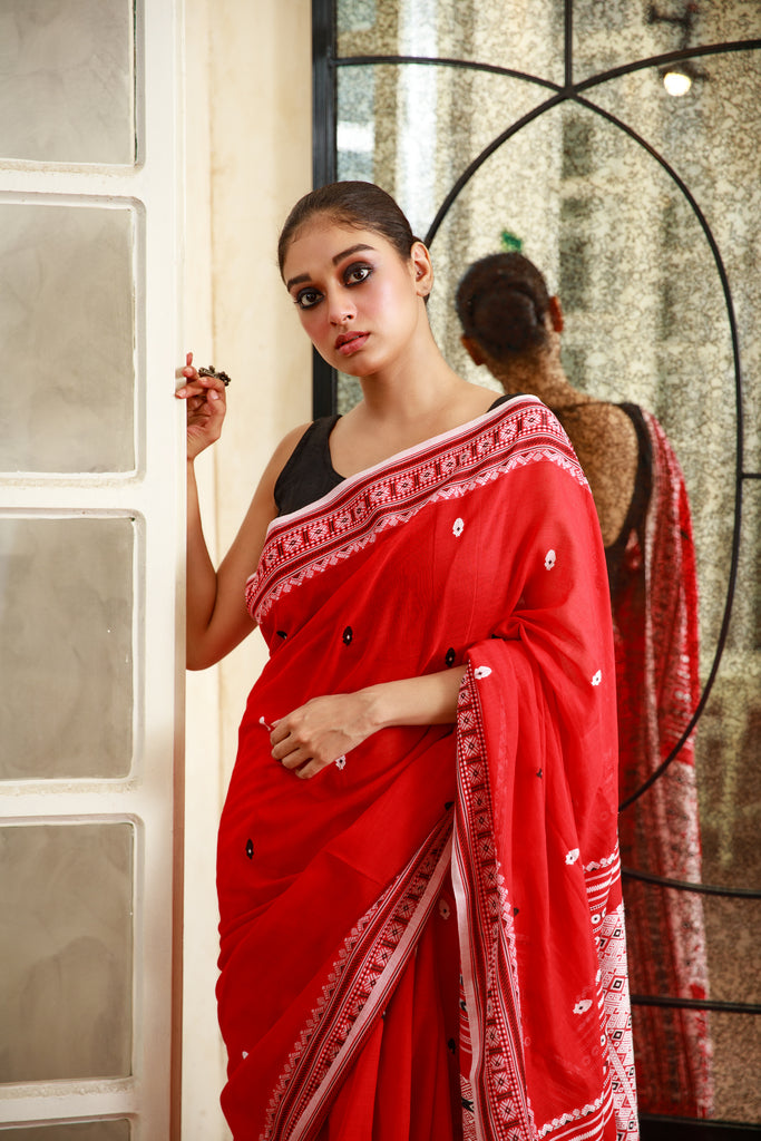 Red Handwoven Khadi Cotton Saree
